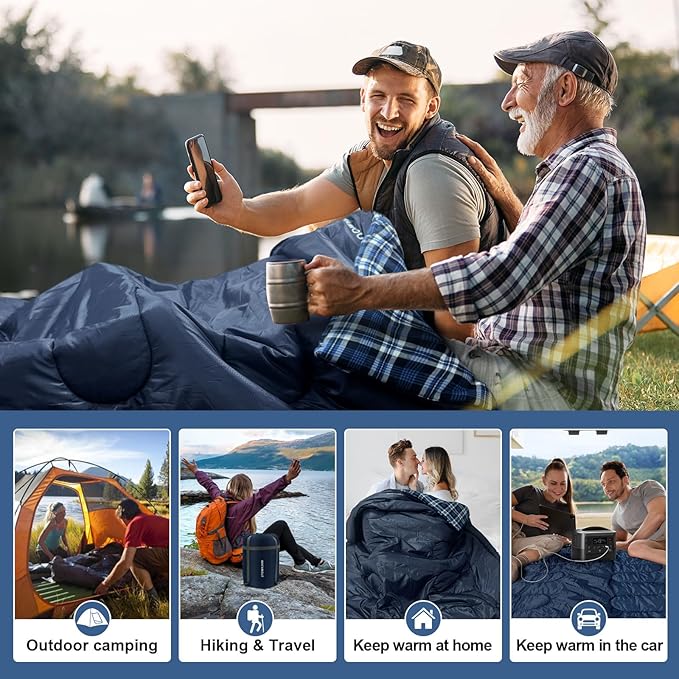 Double Sleeping Bag for Adults Machine Washable 2 Person Camping Sleeping Bag Queen Size Waterproof with Compression Sack for Cold Weather 3-4 Seasons