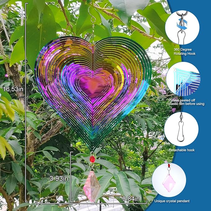 16.5in Heart Wind Spinners Outdoor, Colorful 3D Metal Wind Spinners for Yard and Garden with Crystal Pendant Stainless Steel Wind Chimes for Outside Yard and Garden Decor Gifts for Mom Grandmother