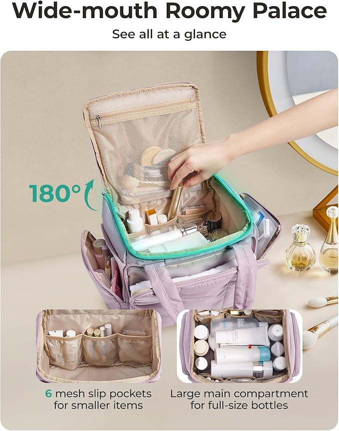 BAGSMART Travel Toiletry Bag for Women with Puffy Water-Resistant Fabric, Large Roomy Makeup Organizer for Travel-Sized Toiletries & Accessories, Black