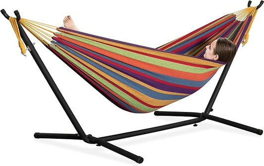PNAEUT Double Hammocks with Stand for Outside, Portable Space Saving Heavy-Duty Steel Stand for Indoor Outdoor Patio, 450 lbs Capacity (Tropical)