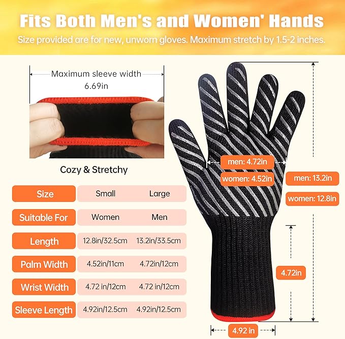HandLove BBQ Gloves, Oven Gloves with Fingers –1472℉ Heat Resistant Gloves for Grilling | Aramid Retardant Non-Slip Grip, Long Cuff Mitts, Black,L