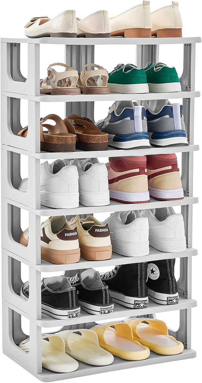 TRZZ 7-Tier Small Shoe Rack, Vertical Narrow Stackable Organizer with Removable Partition, Efficient Shoe Storage for Closet, Entryway, and Small Spaces (Grey)