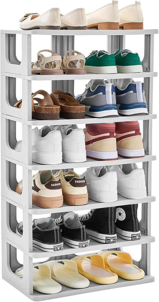 TRZZ 7-Tier Small Shoe Rack, Vertical Narrow Stackable Organizer with Removable Partition, Efficient Shoe Storage for Closet, Entryway, and Small Spaces (Grey)