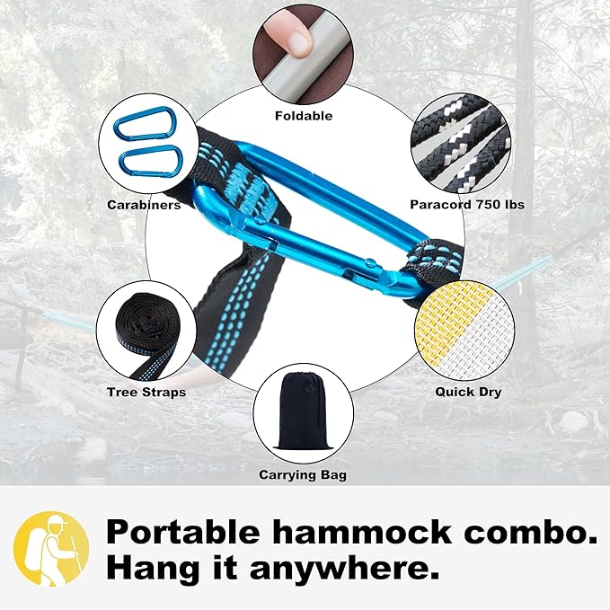 14ft Two Person Outdoor Hammock, Portable Camping with Folding Steel Spreader Bar, Carrying Bag, Carabiners, Tree Straps, Pillow & Sidebag, Quick Dry Textilene, 550 lbs Capacity (Lemon)