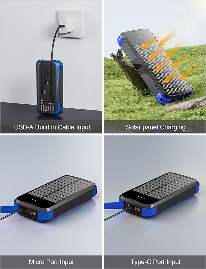 Solar Charger Power Bank, 40000mAh Portable Charger PD 20W Fast Charging Solar Power Bank Built in 4 Cables and USB-C in/Output, Camping Essentials External Battery Pack with Flashlights