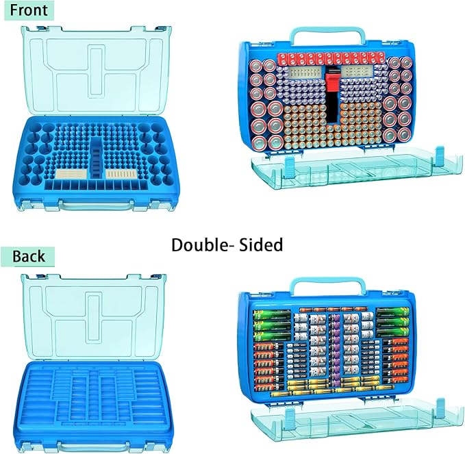 Large Capacity 269 Battery Organizer Storage Case with Tester, Double-Side Battery Holder Container for AA AAA AAAA C D 9V Lithium 3V CR123 CR1632 18650 Batteries(Box Only) (Blue)