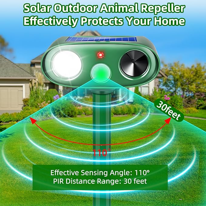 2025 4Pack Solar Ultrasonic Animal Repellent Outdoor Deer Repellent Devices with Motion Detection&Flash Lights,Waterproof Squirrel Skunk Raccoon Dog Cat Deterrent for Yard Patio Farm Garden