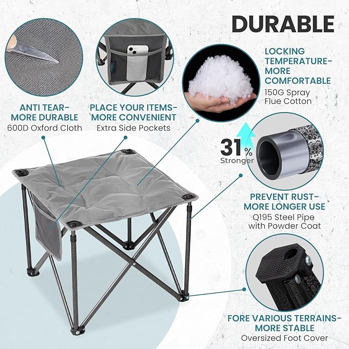 FUNDANGO Folding Camping Stool, 2 Pack 18.1 Inch Oversized Foot Stools 400 Lbs Heavy Duty Portable Padded Seat Anti-Slip Foots & Carry Bag for Fishing Outdoor Lawn Travel (Grey)