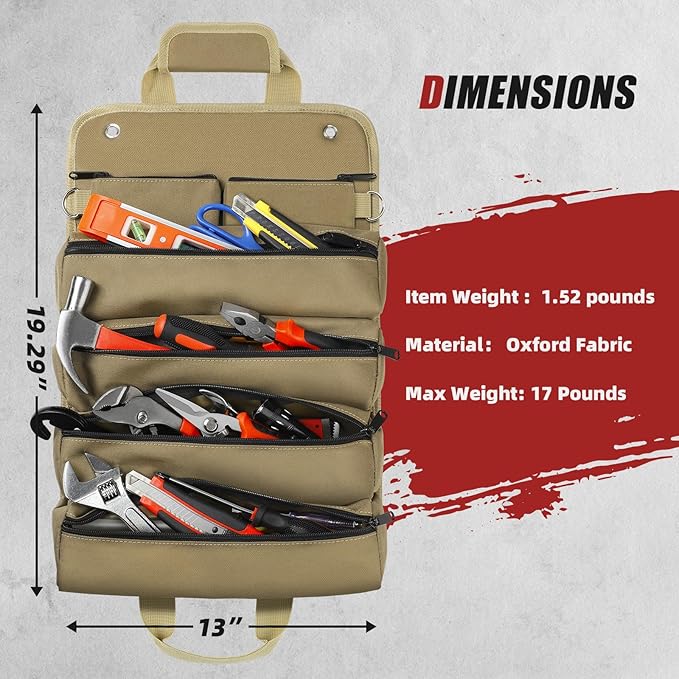 Tool Bag Roll Up, UUP Heavy Duty Rolled Empty Tool Storage Organization, Portable Foldable Rollup Organizer with 2 Small Pouches, Rollable Carrying Toolbag, Dad Men Mechanic Birthday Gifts, Khaki