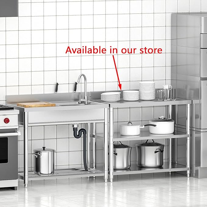 Free Standing Stainless-Steel Single Bowl Commercial Restaurant Kitchen Sink Set w/Faucet & Drainboard, Prep & Utility Washing Hand Basin w/Workbench & Storage Shelves Indoor Outdoor (39 in)