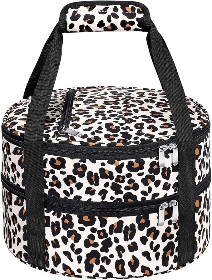 Round Double Insulated Casserole Carrier, Pie Carrier Bag, Portable Casserole Carrier for Hot or Cold Food Lunch Tote, Lunch Bag for Parties Picnic, Fits 12.5" Baking Dish, Leopard