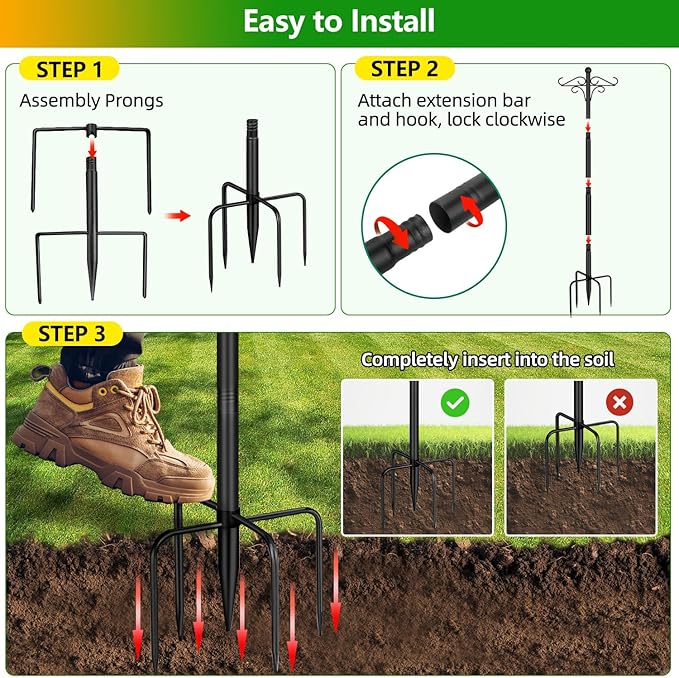 Shepherds Hooks for Outdoor, 2 Pack 76.8 in Heavy Duty Bird Feeder Pole, Thickened Double Shepherd Hook Stand for Hanging Plants, Lanterns, Solar Lights, Wind Chime, Hummingbird Feeder, Garden