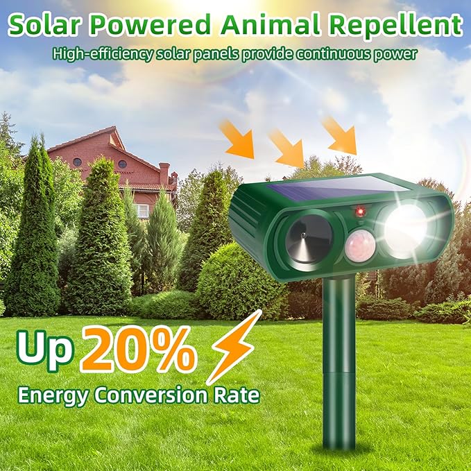 4 Pack Solar Ultrasonic Animal Repellent Squirrel Fortress Pro Outdoor,Cat Deer Repellent with Motion Detection Strobe Light,Waterproof Repeller for Raccoon Rabbit Dog Skunk,Yard Garden Protection