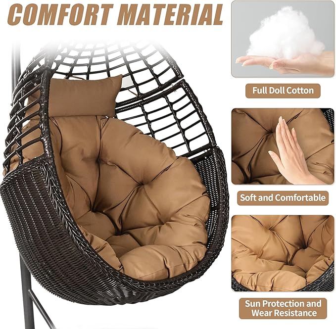 TWT Hanging Egg Chair with Stand, 330lbs Capacity Patio Wicker Egg Swing Chair with UV Resistant Cushion for Bedroom Garden Indoor Outdoor (Dark Brown)