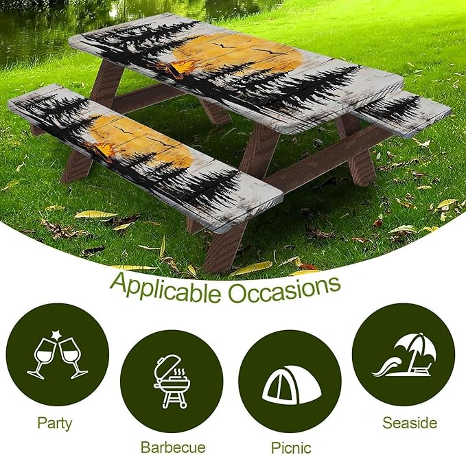 CAPSCEOLL Fitted Picnic Table Cover with Bench Covers with Elastic 6Ft Waterproof Camping Picnic Table Cover Cloths for Outdoors Tablecloth with Drawstring Bag, 72X30in, Camping on Wood