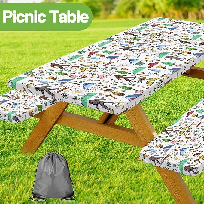 JAWO Picnic Table Covers with Bench Covers Camping Big Foot Adventure Tablecloth 6FT for 6 Person Fitted Picnic Table Cover with Elastic Windproof Waterproof Fabric, Camp Accessories Patio & Outdoor
