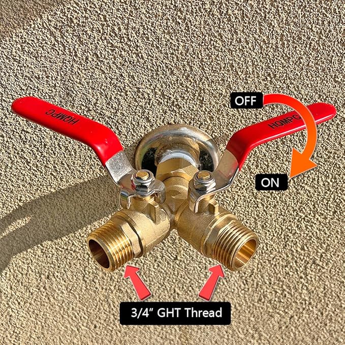 HQMPC Garden Hose Y Valve Hose Splitter Brass Hose Splitter With Stainless Steel Long Handle Brass Y Valve Water Garden Hose Adapter 2 Way Y Valve 3/4" GHT Thread