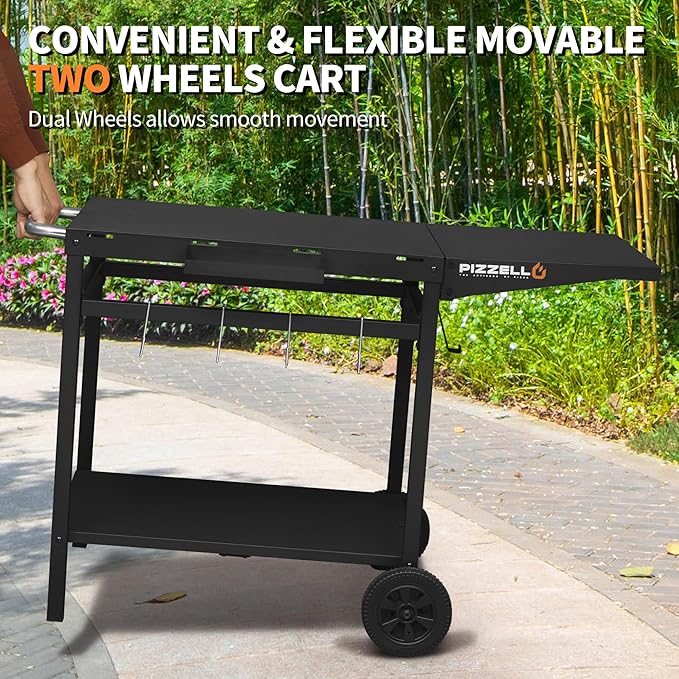 Outdoor Grill Table 44" x 26" Movable Pizza Oven Stand Foldable Double-Shelf Grill Cart Fit for 12/16inch Oven Ooni Ninja Woodfire Blackstone