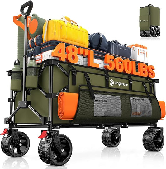 48" L Collapsible Wagon Cart Foldable, 560LB Weight Capacity 300L Heavy Duty Folding Beach Wagons with Big All-Terrain Wheels, Utility Carts for Groceries, Shopping, Camping, Sports - Green