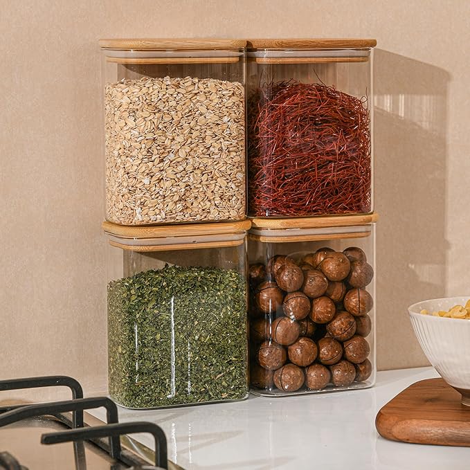 37oz Rectangle Airtight Glass Storage Containers with Bamboo Lids (Set of 6), Square Food Storage Jar, Pantry Organizers for Cereal, Nuts, Snacks and Coffee beans (‎with Black Lable)