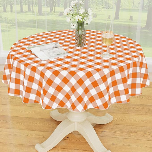 Smiry Round Plastic Table Cloth, Waterproof Vinyl Tablecloth with Flannel Backing, Wipeable Buffalo Plaid Table Cover for Dining, Indoor and Outdoor (Orange & White, 60" Round)