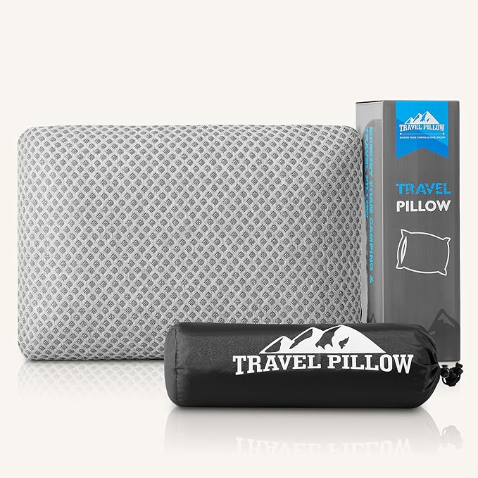 Travel Pillow Memory Foam Pillows, Camping Pillow-Compressible Medium Firm, Breathable Cover, Ideal Backpacking Hiking, Bed Pillows, Airplane and Car (Light Grey, S)