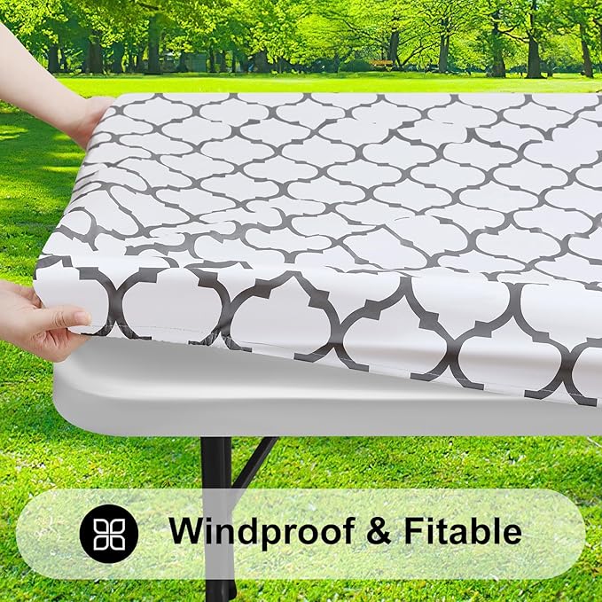 Smiry Rectangle Picnic Table Cover, Waterproof Elastic Fitted Camping Tablecloths for 8 Foot Tables, Wipeable Flannel Backed Vinyl Tablecloth Protector for Indoor, Outdoor (White, 30x96 Inches)