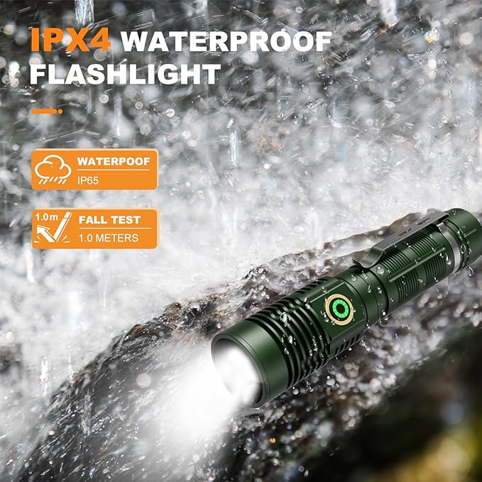 Small Tactical Flashlights High Lumens - 1500 Meters Long Beam Super Bright LED Magnetic Flashlight USB Rechargeable Zoomable 5Modes Long Beam Spotlight Flashlight for Hiking, Camping-Dark Green