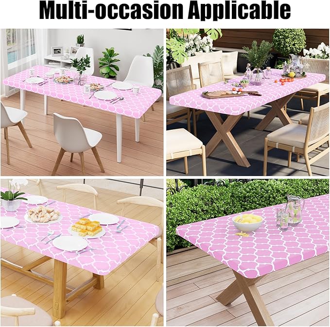 Smiry Rectangle Picnic Table Cover, Waterproof Elastic Fitted Camping Tablecloths for 5 Foot Tables, Wipeable Flannel Backed Vinyl Tablecloth Protector for Indoor, Outdoor (Pink, 30x60 Inches)