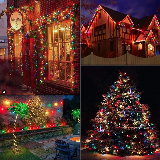 Vintage C9 LED Christmas Lights Outdoor Multicolor, 50 Feet C9 String Lights for Christmas Tree Roofline Holiday Party Indoor Outdoor Garden Patio Backyard Cafe Xmas Decoration, Green Wire