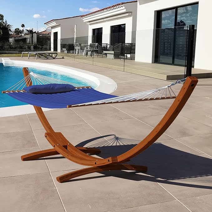 Lazy Daze Hammocks 12 FT Double Quilted Fabric Hammock and 13 FT Brown Wooden Arc Stand, with Spreader Bar, Removable Pillow, 2 Person Hammock for Outdoor Patio Poolside, 450 lb Capacity, Navy Blue