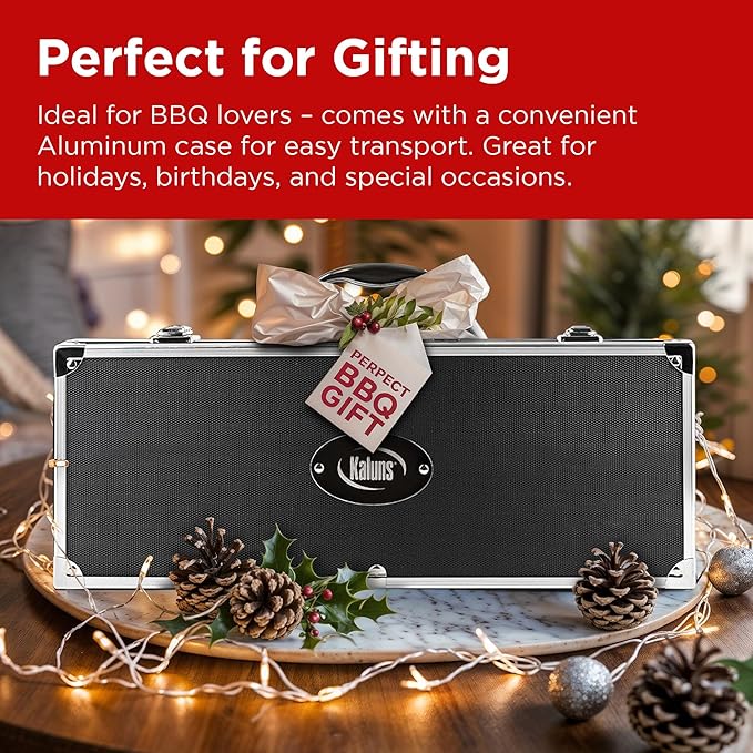 Kaluns Grilling Accessories, Dad Gifts for Christmas Grilling Gifts, Heavy Duty Stainless Steel Grill Set BBQ Grill Accessories for Outdoor Grill with Aluminum Case and Apron, Best Gifts for Men Dad