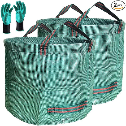 Standard 2-Pack 16 Gallon Yard Lawn Garden Bags (D18, H15 inch) with Gardening Gloves, Yard Waste Bags,Patio Debris Container,Camping Trash Bin,Recycling Bag,Laundry Bin,Lawn Weeds,Leaf Bags 4 handles
