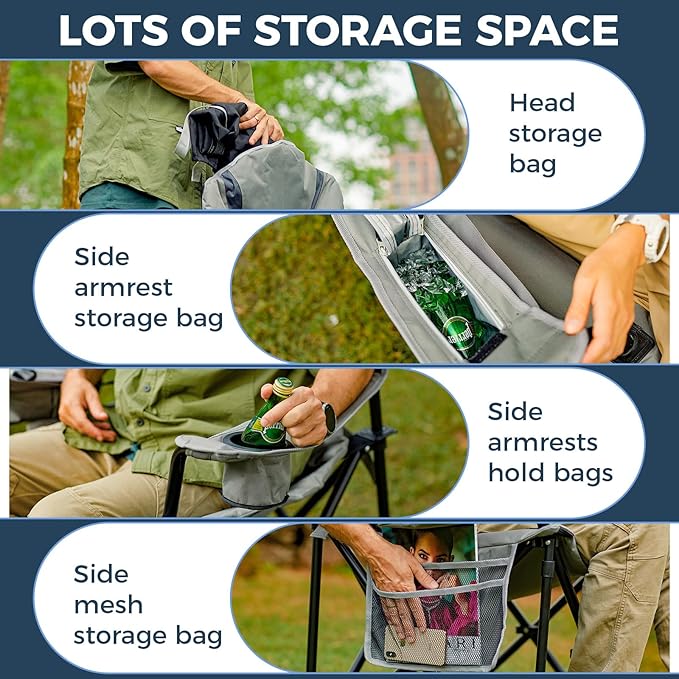 KingCamp Oversized Camping Folding Chair with Lumbar Support, Heavy Duty Ergonomic Padded Arm Chair with Cooler Bag, Cup Holder, Portable for Outdoor