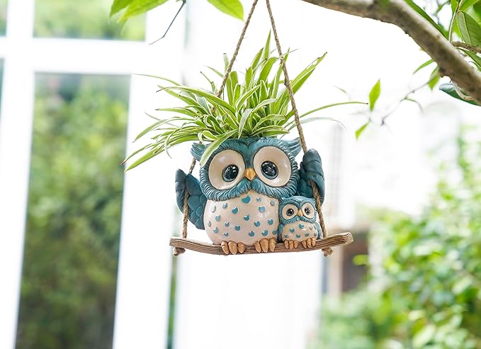 Swing Owl Hanging Planters for Indoor Plants, Cute Small Succulent Pots with Drainage Hole, Unique Resin Plant Hangers Outdoor, Hanging Plant Holder for String Of Pearls, Gift Ideas for Mother