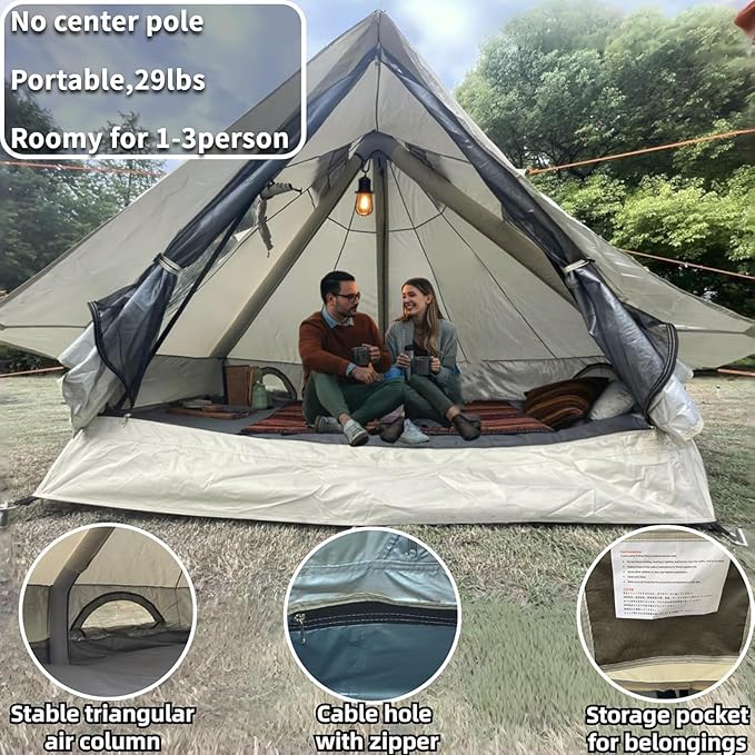 DANCHEL OUTDOOR B2I Inflatable Camping Tent 9.8ft, No Center Pole Lightweight Blow Up Bell Tent with Stove Jack, Skylight, Pump, Waterproof 300D Oxford Glamping Yurt for 1-3 Person Family