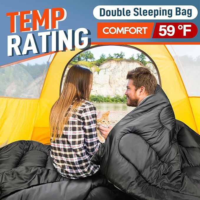 MEREZA Double Sleeping Bag for Adults Mens with Pillow, XL Queen Size Two Person Sleeping Bag for All Season Camping Hiking Backpacking 2 Person Sleeping Bags for Cold Weather & Warm