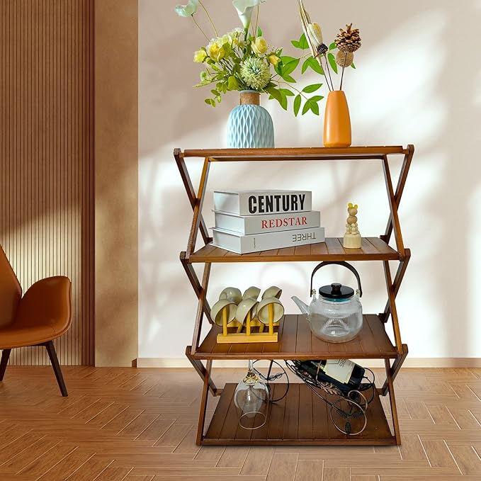 Foldable Bamboo Shelf, Folding Shoe Rack, Flower Rack, Camping Rack, No Installation Required, Portable, Space Saving, Multi-Purpose Storage Rack (Walnut, 4 Tiers)