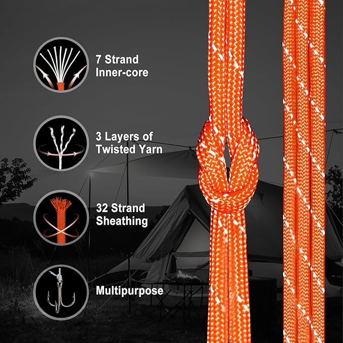 WEREWOLVES Reflective Paracord Rope 7 Strand Type III Parachute Cord 4mm 100ft / 200ft for Tent Camping Hiking Fishing Survival Tactical Clothesline DIY Projects