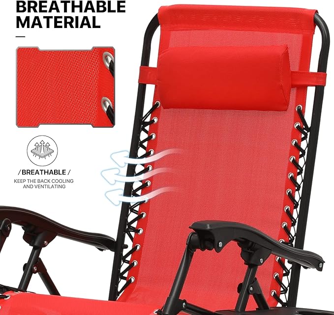 MoNiBloom Recliner Patio Lounge Chairs Set of 3, Adjustable Outdoor Beach Chairs w/Folding Table, Pillow and Cup Holder Tray, 330lbs Capacity, Red