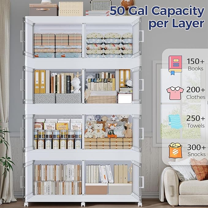 150GAL Extra Large Storage Bins with Lid, 600Qt Stackable Closet Organizers and Drawers, Collapsible Storage Bins with Wheels, Folding Storages Cabinet for Home Bedroom Office, 3Pack White
