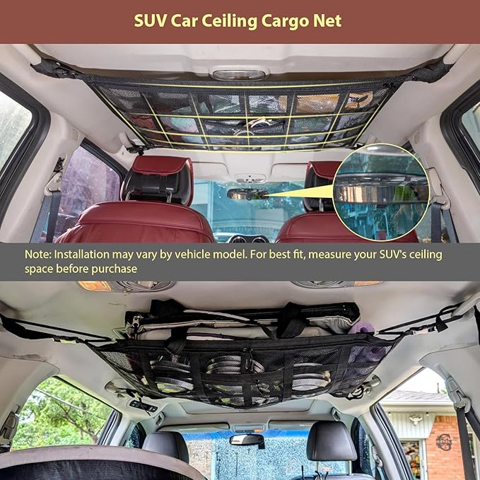 Upgrade Car Ceiling Cargo Net Pocket,31.5"x21.6" Strengthen Load-Bearing and Double-Layer Mesh Car Roof Storage Organizer,Truck SUV Van Travel Long Road Trip Camping Interior Accessories