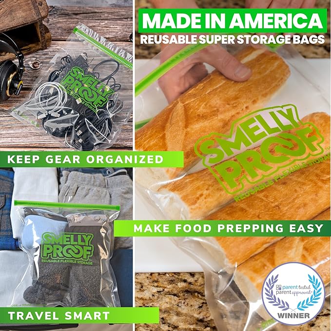 Smelly Proof Reusable Storage Bags for Food Bags - MADE IN USA, Easy Clean, Dishwasher-Safe, BPA FREE, NO PEVA, XL 3-mil Thick Bags, Extra Large Clear FLAT 10.5" x 12" GALLON 10-Pack