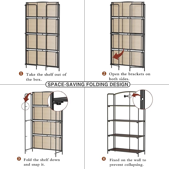 Crofy No Assembly Folding Bookshelf for Living Room, 4 Tier Black Collapsible Book Shelf for Home Office, Portable Bookcase Storage Organizer