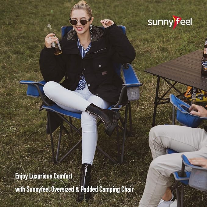 SUNNYFEEL Oversized Folding Camping Chair 500 LBS Heavy Duty Lawn Chairs with Blue Portable Folding with Armrest, Cup Holder, Pocket ＆Bag for Outdoor Camping/Beach/Travel/Picnic/Fishing