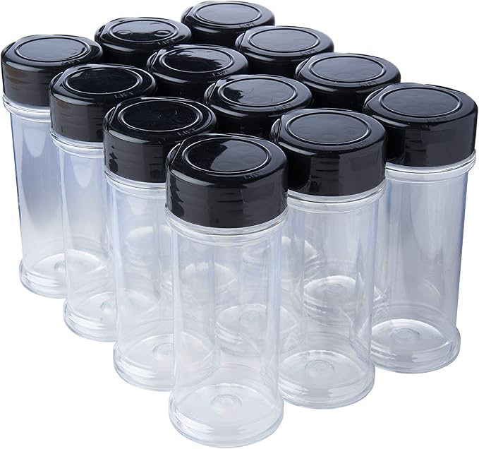 12 Pack of 6 Oz. Empty Clear Plastic Spice Bottles with Black Top Lids For Storing and Dispensing Salt, Sweeteners and Spices - Food-Grade Spice Jars for Kitchen and Home Spice Organization