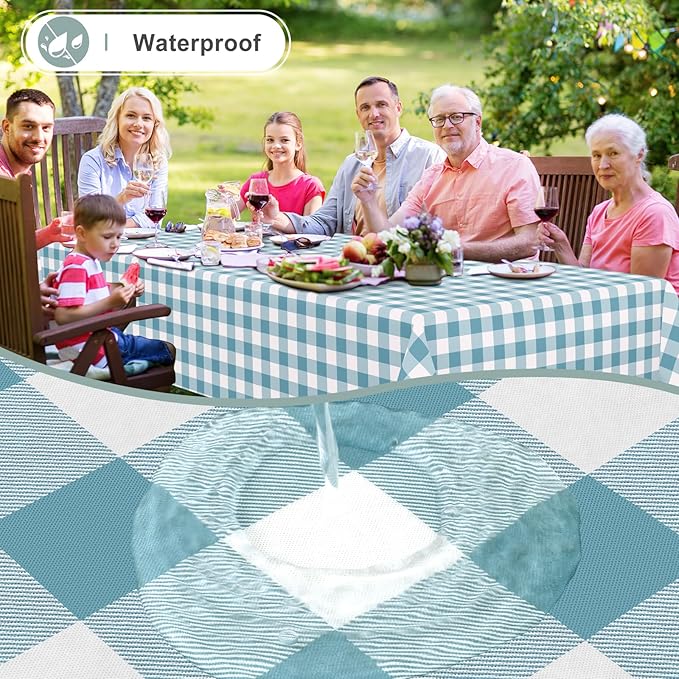 misaya Rectangle Waterproof Vinyl Table Cloth, Buffalo Flannel Backed Tablecloth, Wipeable Plastic Table Cover for Dinner, Kitchen, Outdoor (52" x 70", Aquamarine and White)