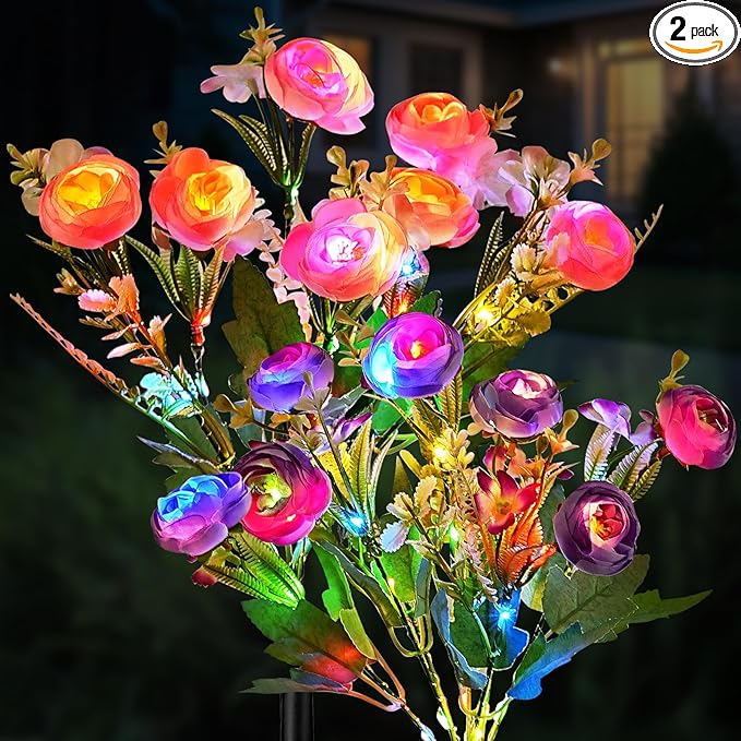 2 Pack Solar Garden Lights Outdoor, Colorful LED Waterproof Solar Powered Peony Flowers Landscape Lights for Outside Yard, Patio, Pathway Decorative, Décor, Gifts, Two Lighting Modes