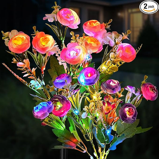 2 Pack Solar Garden Lights Outdoor, Colorful LED Waterproof Solar Powered Peony Flowers Landscape Lights for Outside Yard, Patio, Pathway Decorative, Décor, Gifts, Two Lighting Modes