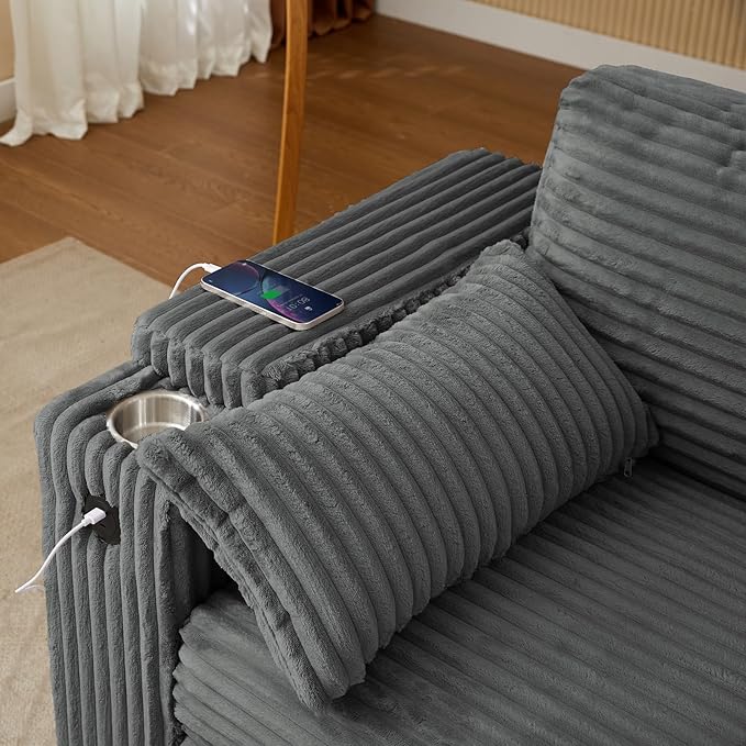 Convertible Corduroy Sofa Bed with USB Charging Port & Cup Holders, 68.11" Foldable Sleeper Chair with Armrests & Pillows, 3-in-1 Floor Futon for Living Room, Bedroom, Guest Room